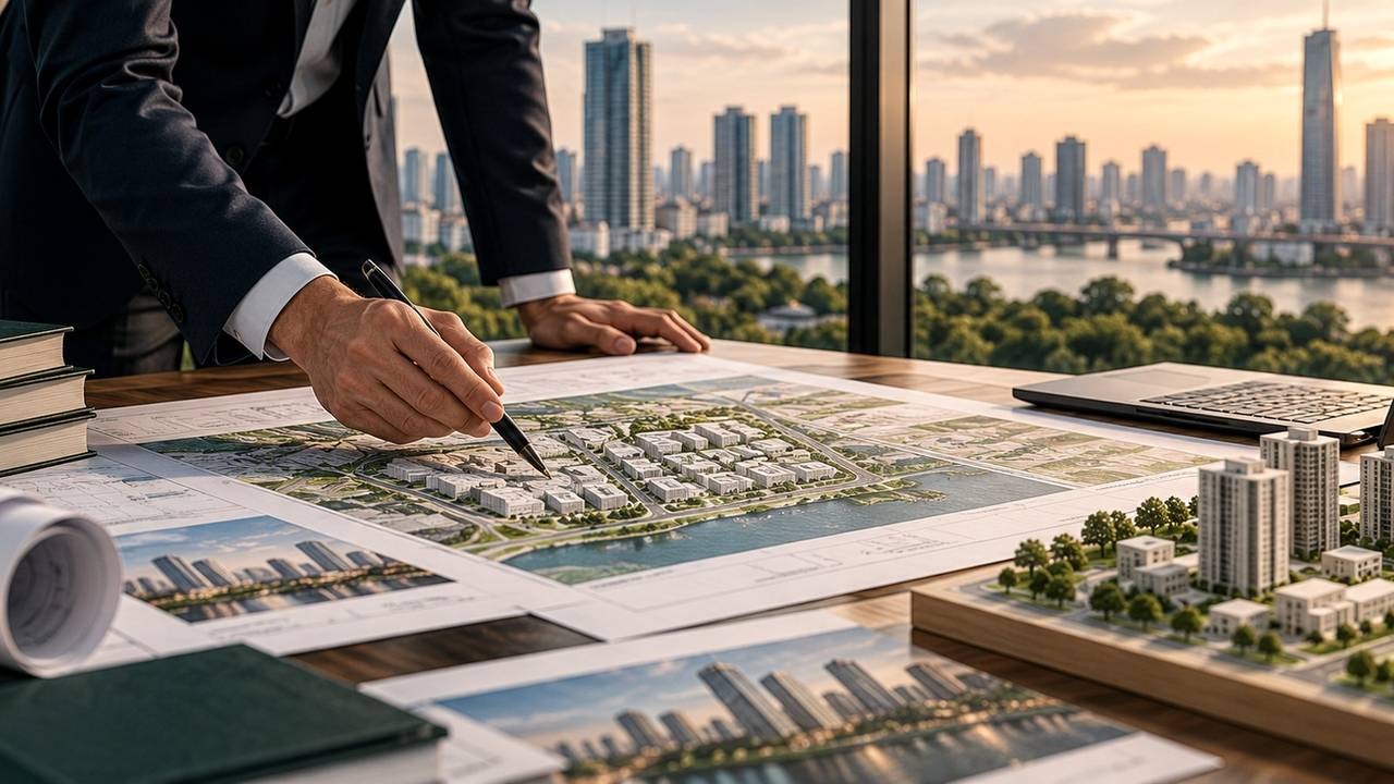 Bàn làm việc quy hoạch đô thị với masterplan, mô hình khối và skyline thành phố phía sau